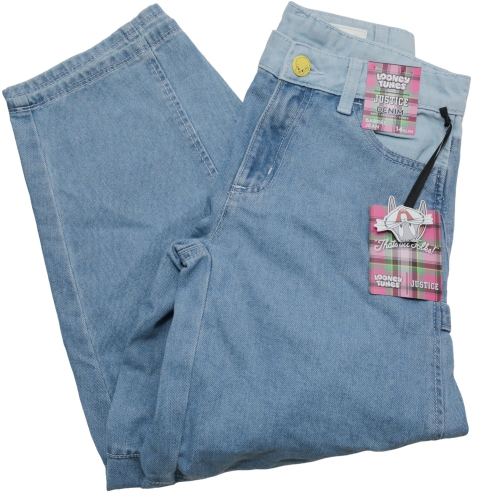 Justice Girls Cargo Barrel Jeans 14 Slim Looney Tunes Bugs Bunny Denim